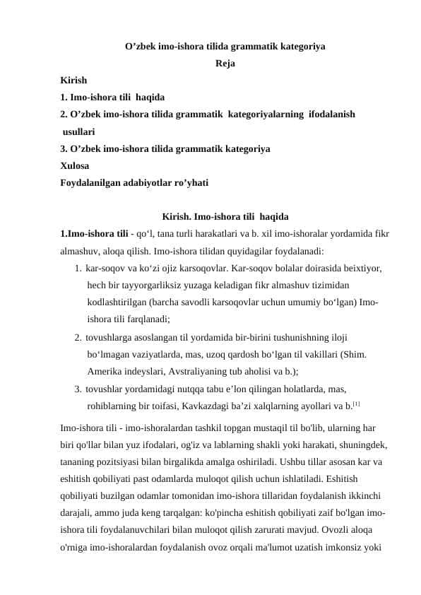 O’zbek imo-ishora tilida grammatik kategoriya