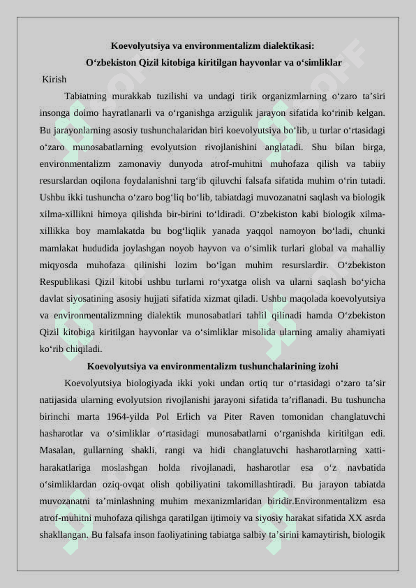 Koevolyutsiya va environmentalizm dialektikasi  (O‘zbekiston qizil kitobga kiritilgan hayvonlar va o‘simliklar) 2