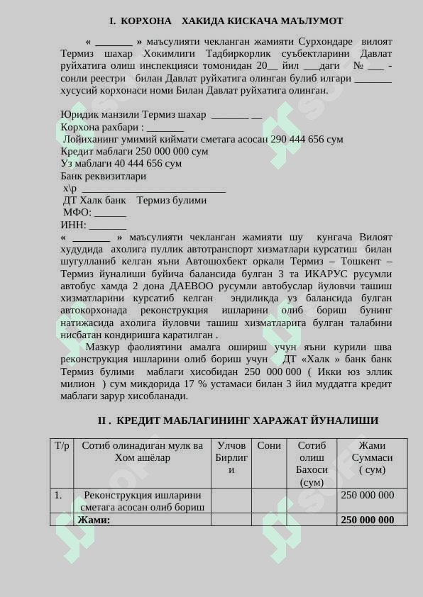 реконструкция ишларини олиб бориш  йуловчи  ташиш транспорт хизматлари курсатиш  biznes reja 3