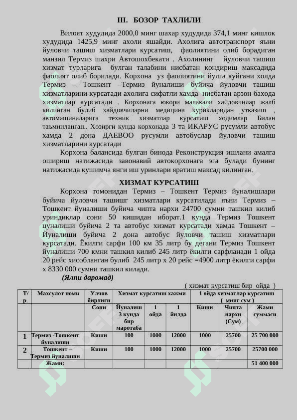 реконструкция ишларини олиб бориш  йуловчи  ташиш транспорт хизматлари курсатиш  biznes reja 4