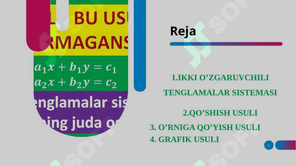 Ikki o’zgaruvchili tenglamalar sistemasini yechishning qo’shish, O’rniga qo’yish va grafik usullar 3