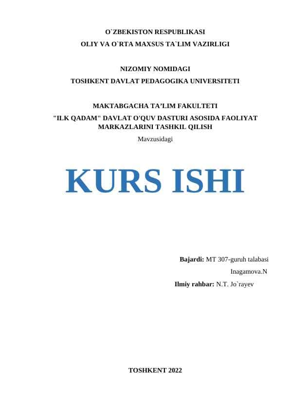 ILK QADAM" DAVLAT O'QUV DASTURI ASOSIDA FAOLIYAT MARKAZLARINI TASHKIL QILISH 1