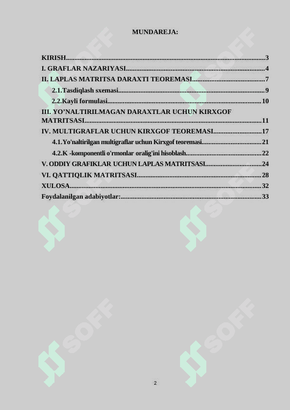 ALGORITMLAR VA MA’LUMOTLAR STRUKTURASI” FANIDAN “KIRXGOF MATRITSALARI TEOREMASI. YOPIQ DARAXTLAR SONINI ANIQLASH ALGORITMLARI 2