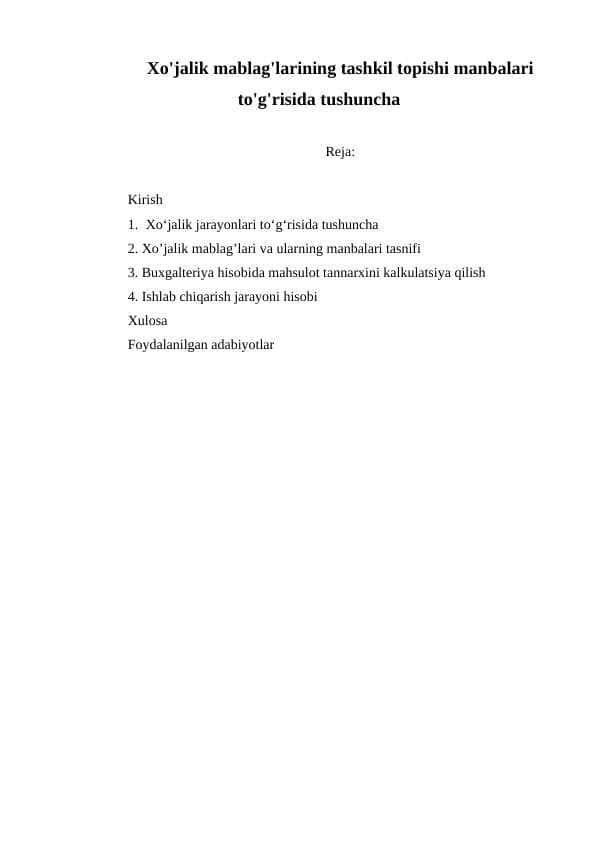 Xo'jalik mablag'larining tashkil topishi manbalari to'g'risida tushuncha