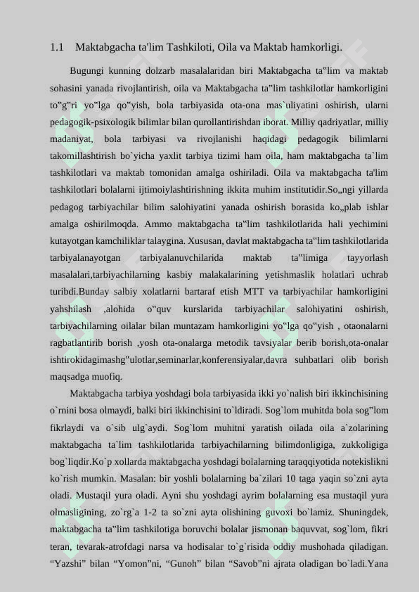 ILK VA MAKTABGACHA YOSHDAGI BOLALAR RIVOJLANISHIGA QÔYILADIGAN DAVLAT TALABLARI ASOSIDA TAYYORLOV GURUHI BOLALARINI MAKTAB TA'LIMIGA  TAYYORLASH. Kurs ishi 8