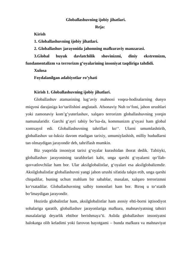Globallashuvning ijobiy jihatlar 1