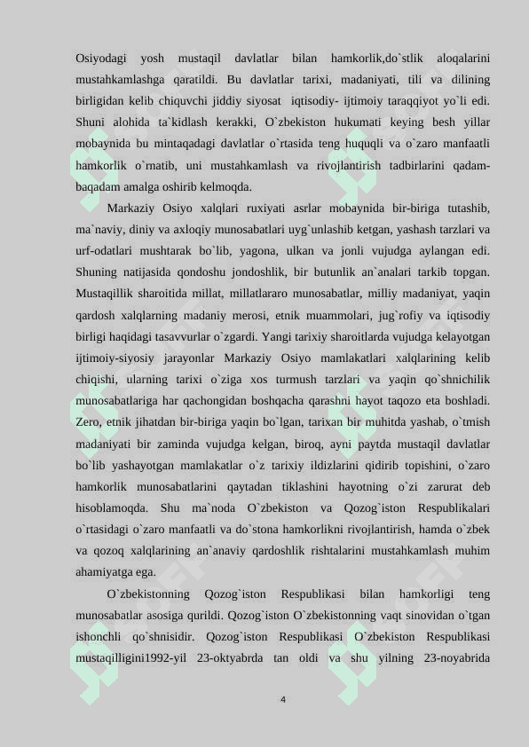 Mustaqillik yillarida O`zbekiston va Qozog`iston Respublikalari o`rtasida hamkorlik munosabatlarining o`rnatilishi 4
