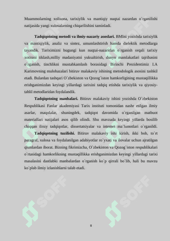 Mustaqillik yillarida O`zbekiston va Qozog`iston Respublikalari o`rtasida hamkorlik munosabatlarining o`rnatilishi 8