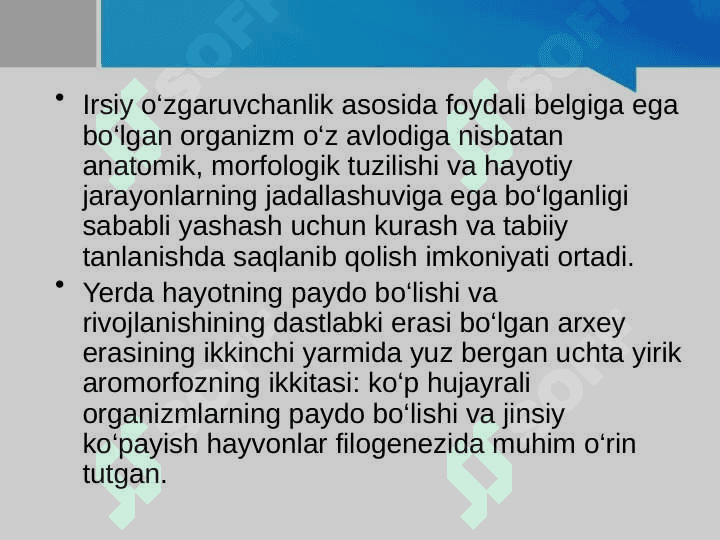 Hayvonot dunyosidagi evolutsion o‘zgarishlar 2