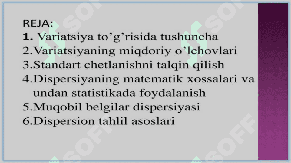 Variatsiyani baholash va dispersion  tahlil asoslari va amaliyoti 2