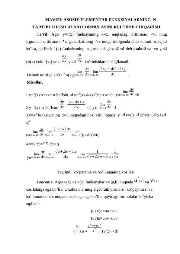ASOSIY ELEMENTAR FUNKSIYALARNING  N - TARTIBLI HOSILALARI FORMULASINI KELTIRIB CHIQARISH m.docx