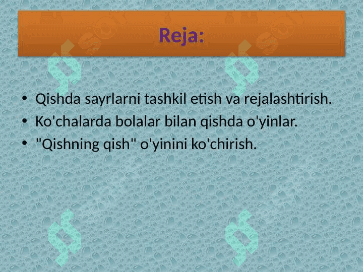 Qishki manzara, qorning xususiyati haqida suhbat o‘tkazish. Qishki o‘yinlarni tashkil etish. 2