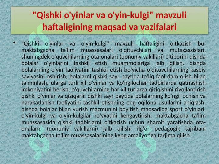 Qishki manzara, qorning xususiyati haqida suhbat o‘tkazish. Qishki o‘yinlarni tashkil etish. 3