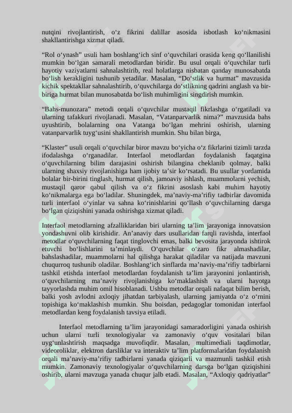 Boshlangʻich sinflar oʻrtasida  maʼnaviy maʼrifiy tadbirlarni tashkil etishda interfaol metodlar maq.docx 3