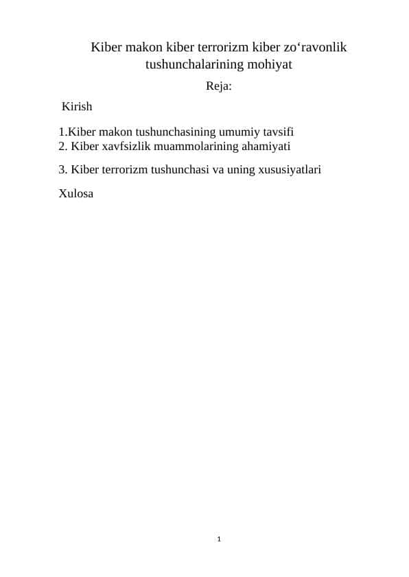 Kiber makon kiber terrorizm kiber zoʻravonlik tushunchalarining mohiyat 1