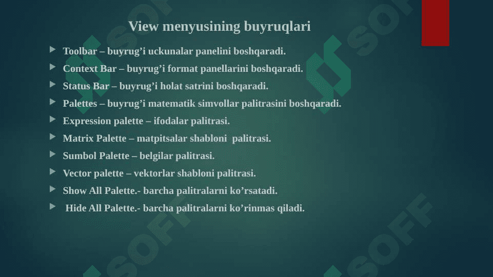 Maple paketining asosiy maqsadi va uning imkoniyatlari. Maple paketining kutubxonalari. Hyperlinks,	Object, Entry Mode,	Split or Join,	Split Execution Group, 	Join Execution Group, 	Split Section, Join Section,	Execute, Selection, Worksheet funksiyalari. 6