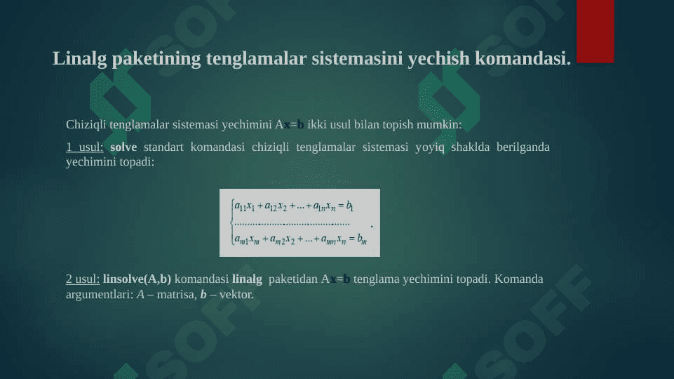Matematik paketlarda oddiy tenglamalar, tenglamalar sistemasi, tengsizliklar va tengsizliklar sistemasini yechish, tenglamalarni yechish bo’yicha funksiyalar va ularni dasturlash 2