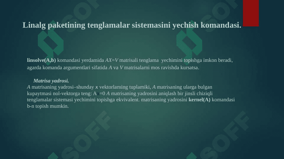 Matematik paketlarda oddiy tenglamalar, tenglamalar sistemasi, tengsizliklar va tengsizliklar sistemasini yechish, tenglamalarni yechish bo’yicha funksiyalar va ularni dasturlash 3