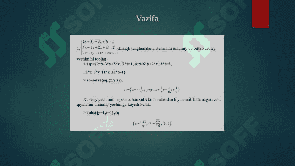 Matematik paketlarda oddiy tenglamalar, tenglamalar sistemasi, tengsizliklar va tengsizliklar sistemasini yechish, tenglamalarni yechish bo’yicha funksiyalar va ularni dasturlash 4