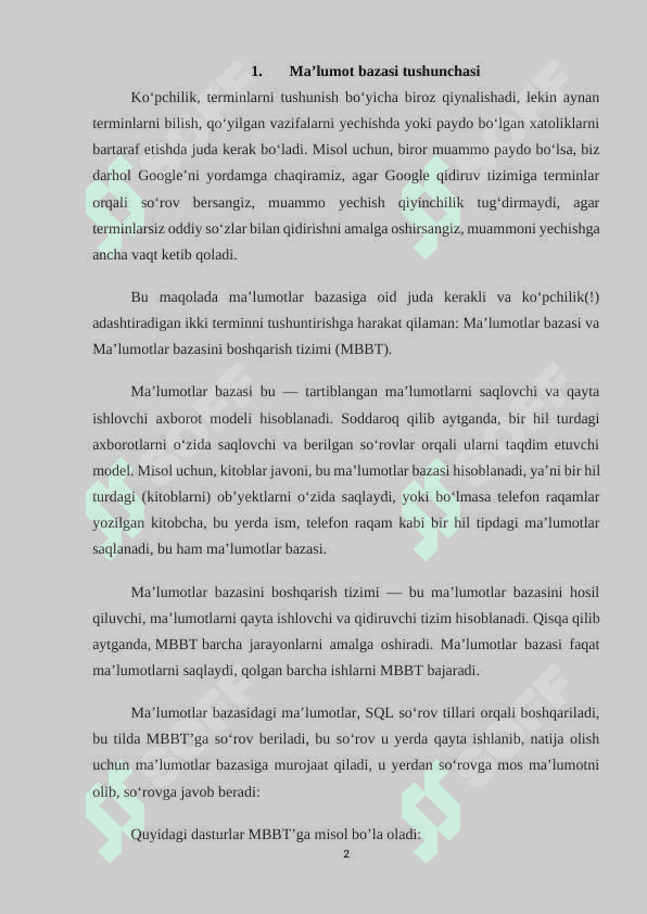“Bank” ma’lumotlar bazasini loyihalash 2