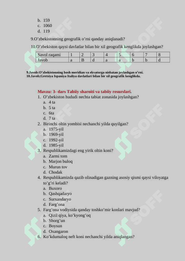 8 - sinf geografiya mavzulashitirlgan test 2