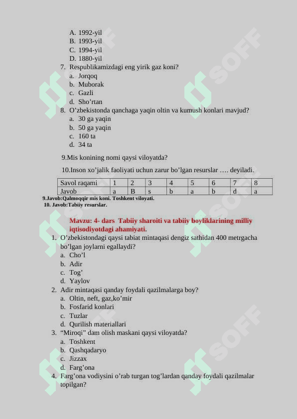8 - sinf geografiya mavzulashitirlgan test 3