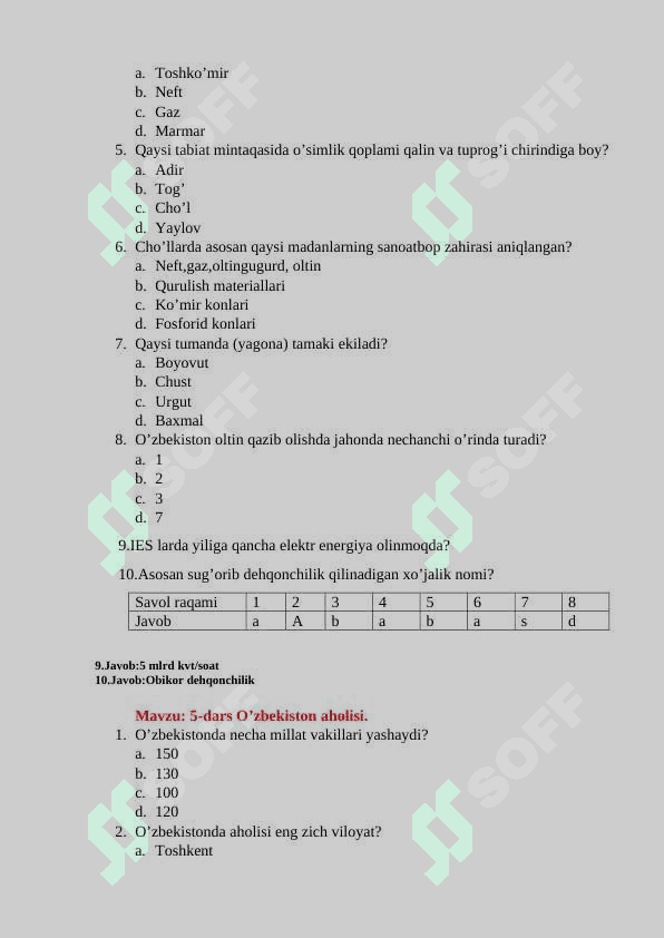 8 - sinf geografiya mavzulashitirlgan test 4