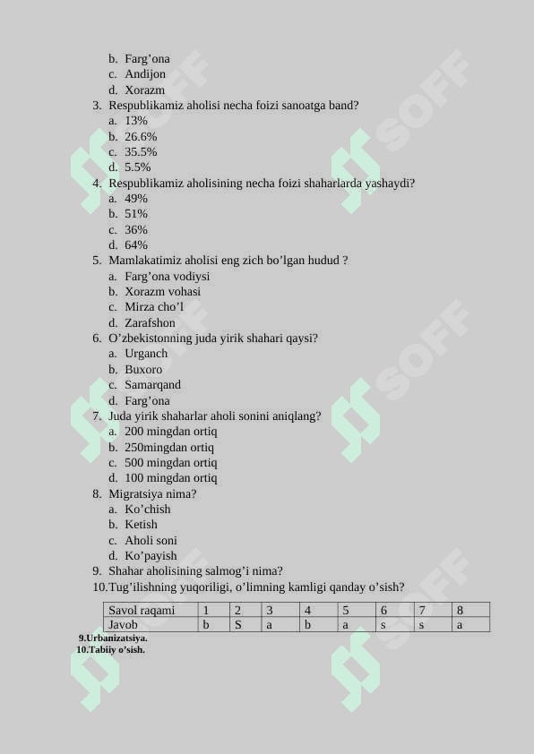 8 - sinf geografiya mavzulashitirlgan test 5