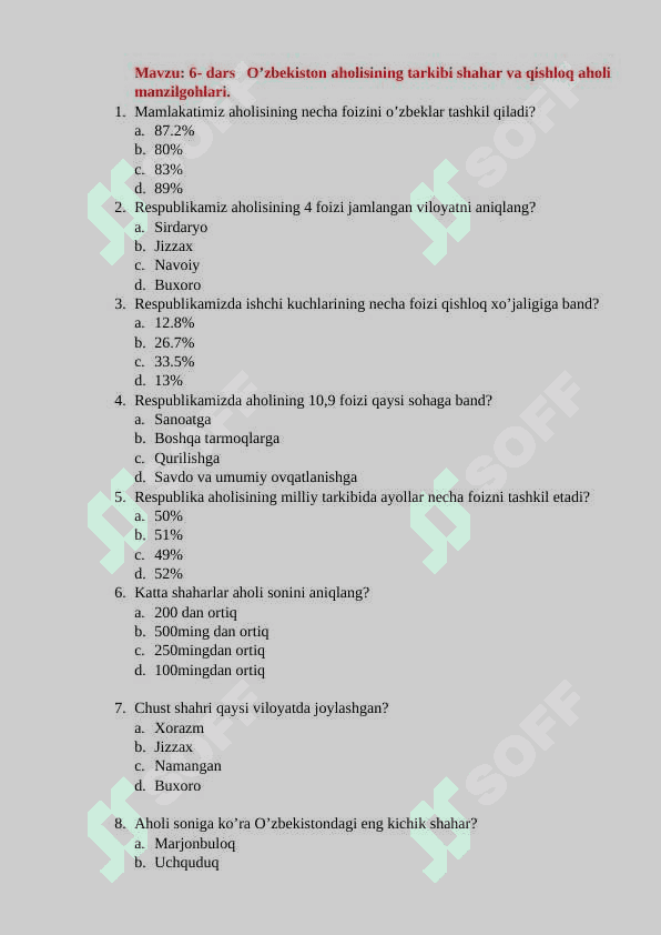 8 - sinf geografiya mavzulashitirlgan test 6