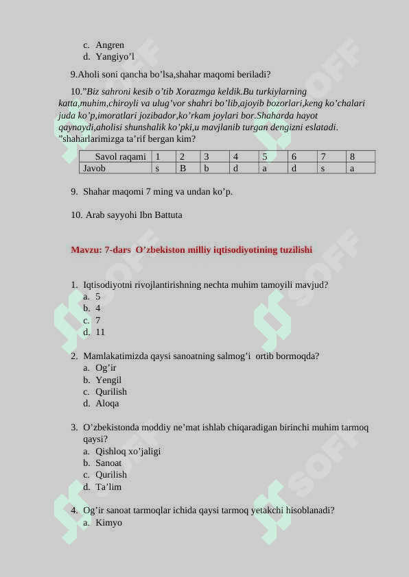 8 - sinf geografiya mavzulashitirlgan test 7