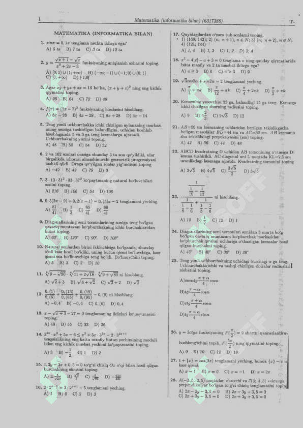Matematika fanidan 2015-variantlar 2