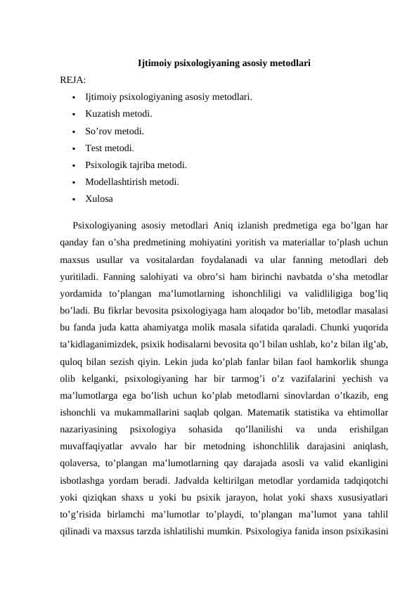 Ijtimoiy psixologiyaning asosiy metodlari