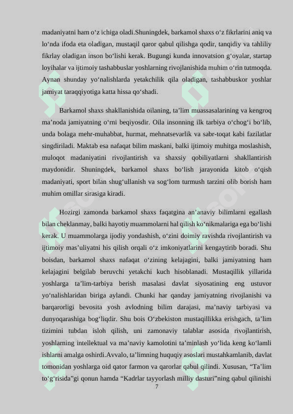 MUSTAQILLIK SHAROITIDA YOSHLARNI BARKAMOL SHAXS QILIB TARBIYALASH SAMARADORLIGINI OSHIRISH 7