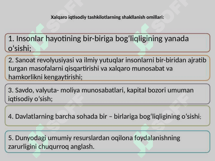 Jahon iqtisodiyotni globallashuvining harakatlantiruvchi kuchlari, belgilari va shakllari. Jahon iqtisodiyotini globallashuv omillari va rivojlanish bosqichlari 5