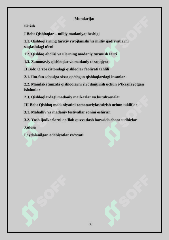 Mamlakatimizdagi qishloqlar va ularning madaniy hayotimizdagi o’rni 2