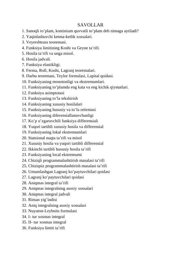 Matematika yakuni savollar