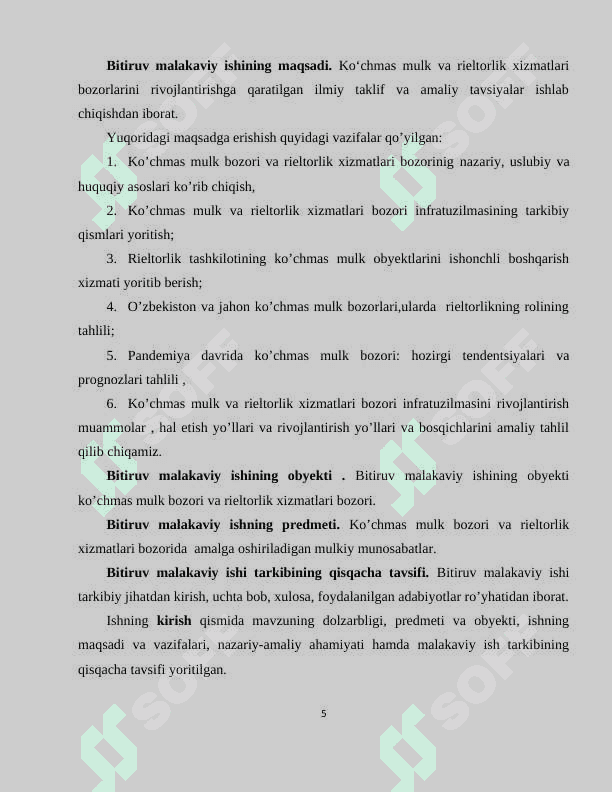 KO‘CHMAS MULK VA RIELTORLIK XIZMATLARI BOZORLARINI RIVOJLANTIRISH  bitiruv malaka ishi 5
