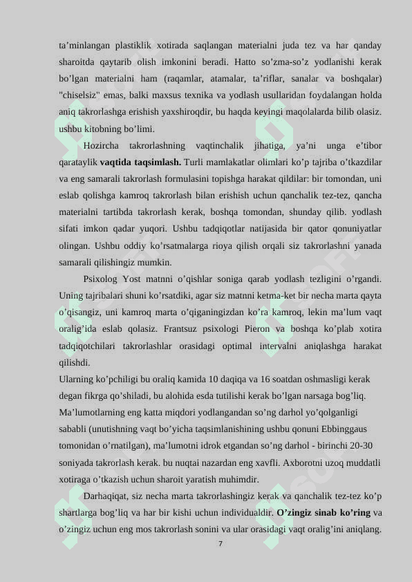 Yodlash va takrorlash tarixiy voqealarni eslab qolish usullari sifatida 7