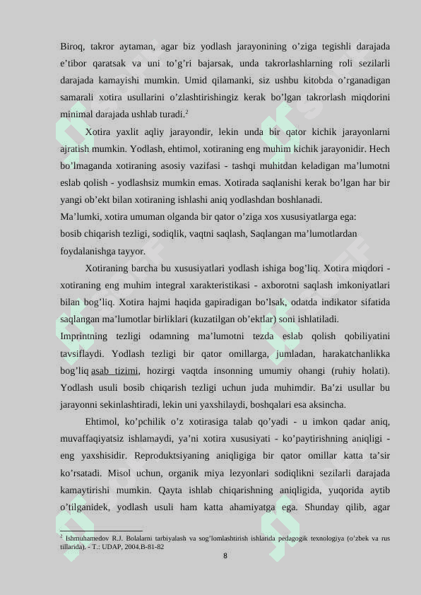 Yodlash va takrorlash tarixiy voqealarni eslab qolish usullari sifatida 8