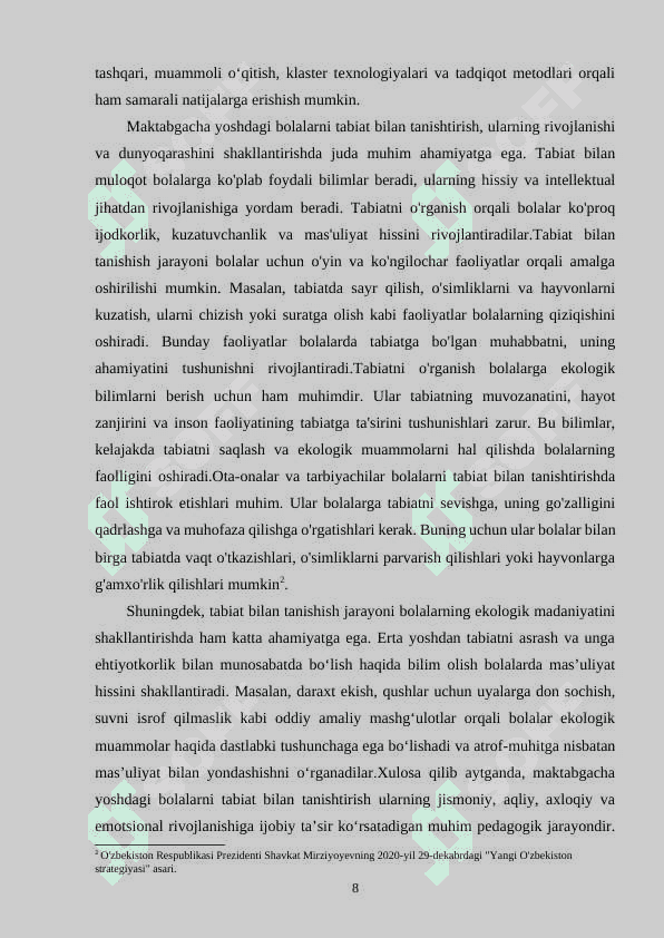MAKTABGACHA TA'LIM TASHKILOTLARIDA TABIAT BILAN TANISHTIRISH MASHG‘ULOTLARINI O‘TKAZISH 8
