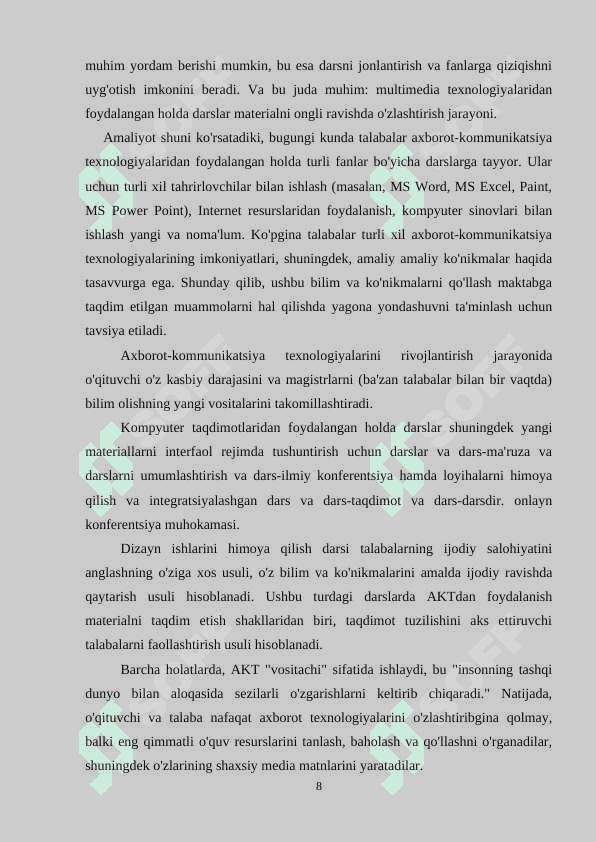 8-sinf Tarix  darslarida axborot komunikatsion vositalardan foydalanish 8