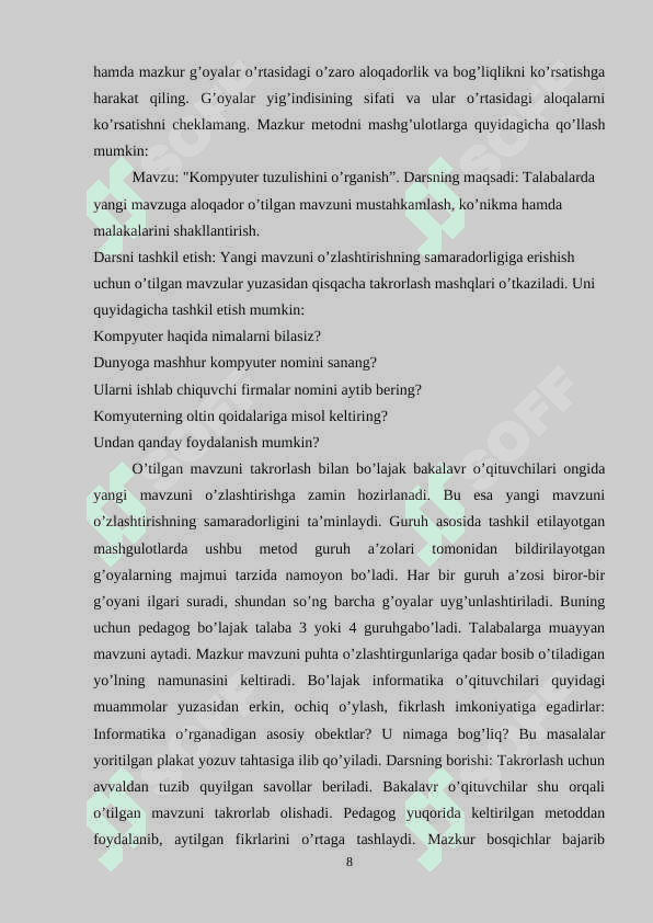 “Qadimgi shaharlarni paydo bo’lishi” mavzusini o’qitishda klaster texnologiyasidan foydalanish 8