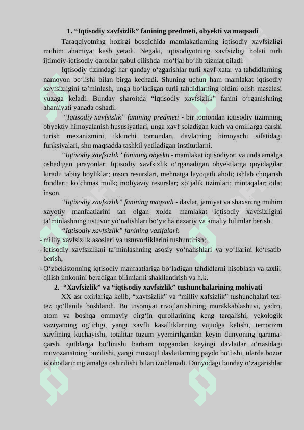 Iqtisodiy xavfsizlik fanining maqsadi, predmeti va vazifalari 2