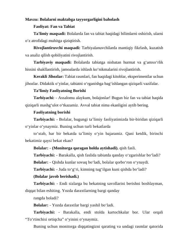 Bolalarni maktabga tayyorgarligini baholash