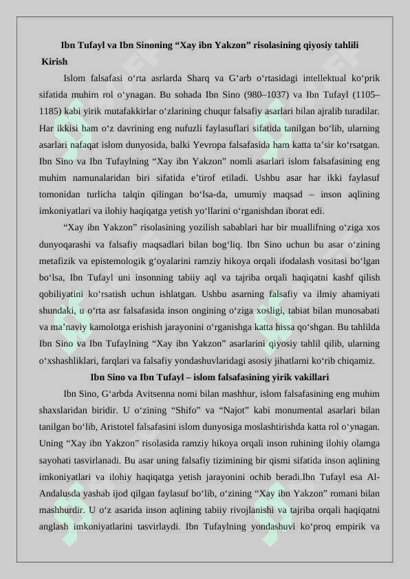 Ibn Tufayl va Ibn Sinoning “Xay ibn Yakzon o‘g‘li” risolasini qiyosiy tahlili 2