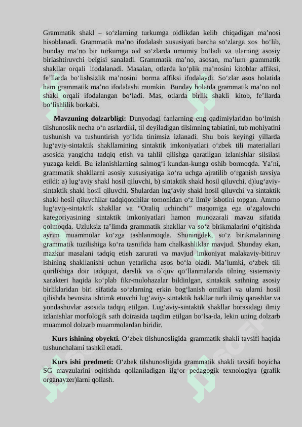 O‘zbek tilshunosligida grammatik shaklar tasnifi KURS ISHI 3