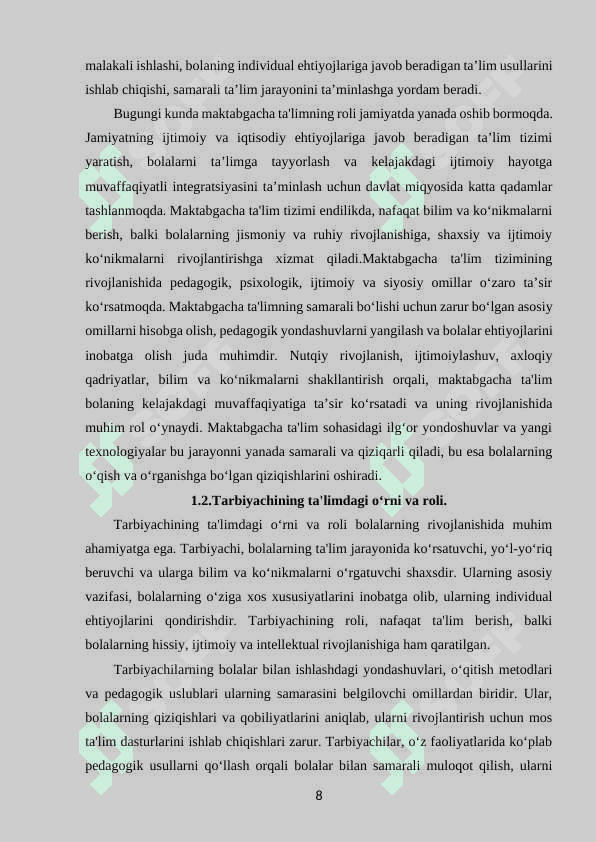 MAKTABGACHA TA'LIM TASHKILOTI TARBIYACHISINING ASOSIY ISH FUNKSIYALARI 8