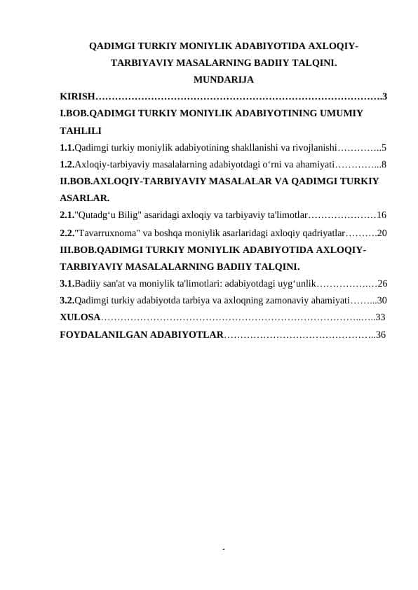QADIMGI TURKIY MONIYLIK ADABIYOTIDA AXLOQIY-TARBIYAVIY MASALARNING BADIIY TALQINI.
