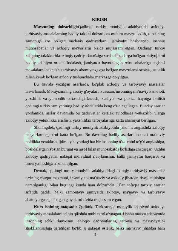QADIMGI TURKIY MONIYLIK ADABIYOTIDA AXLOQIY-TARBIYAVIY MASALARNING BADIIY TALQINI. 2