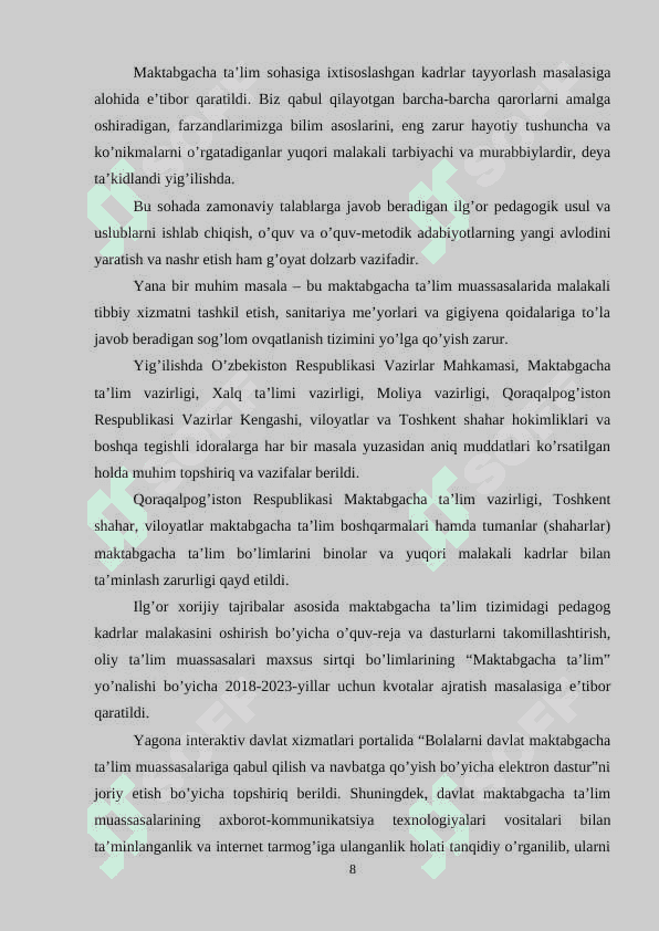 MAKTABGACHA TA'LIM VA TARBIYA SOHASIDAGI DAVLAT SIYOSATINING ASOSIY YO'NALISHLARI. 8